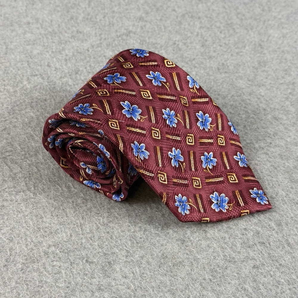 Rooster 100% Silk Burgundy Blue Floral Geometric Necktie Classic 59x3.6"